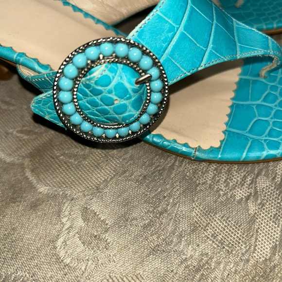 Harold's womens Turquoise 2" embossed print Sandals/Slides Sz 6B Made in italy - Picture 2 of 16